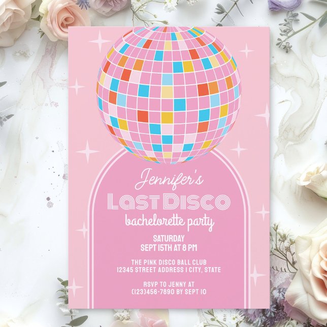 Retro Last Disco Cute Pink Arch Bachelorette Party Invitation (Creator Uploaded)