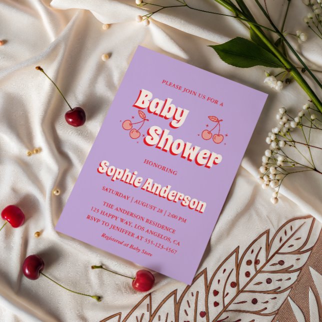 Retro Lavender Cherry Baby Shower Invitation (Creator Uploaded)