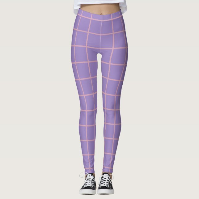 Retro Lavender Purple and Pink Simple Grid Pattern Leggings (Front)