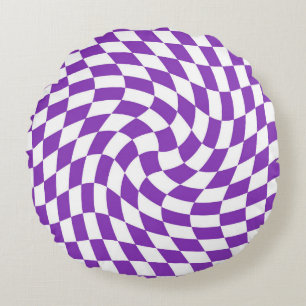 Retro Lavender Purple Checks Warped Chequered Round Cushion