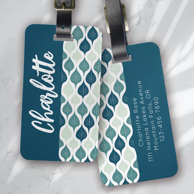 Retro Leaf Pattern Blue Green Monogram Luggage Tag (Creator Uploaded)