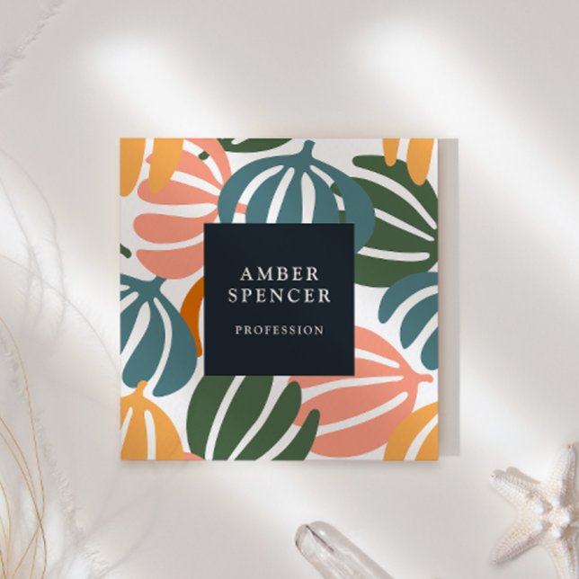 RETRO LEAVES GROOVY BOTANICAL GIRLY SQUARE BUSINESS CARD (Creator Uploaded)