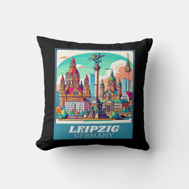 Retro Leipzig Skyline  Cushion (Front)