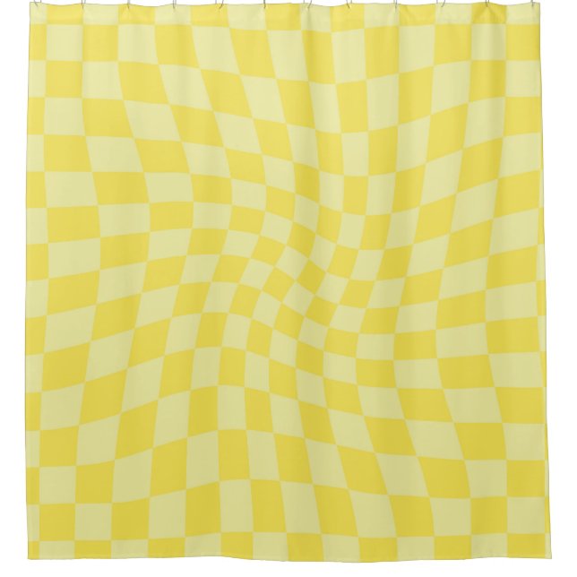 Retro Lemon Yellow Checks Warped Chequered Shower Curtain (Front)