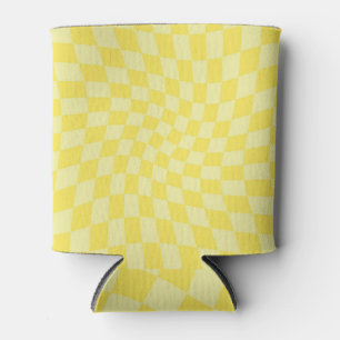 Retro Lemon Yellow Pastel Warped Chequerboard Can Cooler