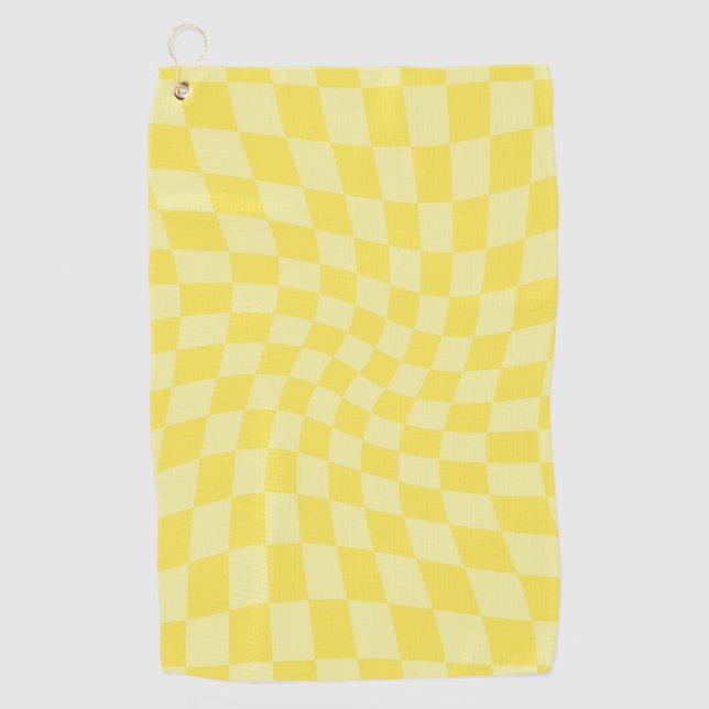 Retro Lemon Yellow Pastel Warped Chequerboard     Golf Towel (Front)