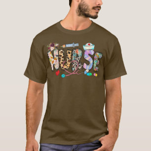 Retro Leopard Apple Nurse Fall Vibes Autumn  T-Shirt