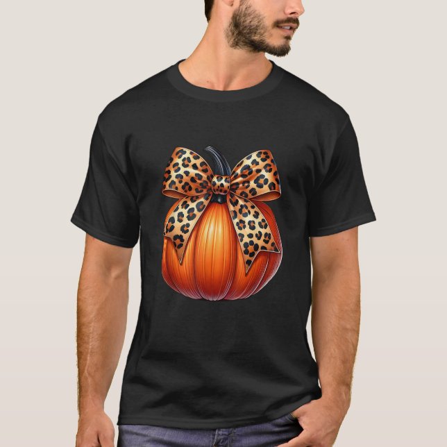 Retro Leopard Coquette Bow Pumpkin Fall Thanksgivi T-Shirt (Front)