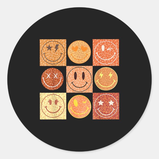 Retro Leopard Happy Face Checkered Pattern Smile F Classic Round Sticker (Front)