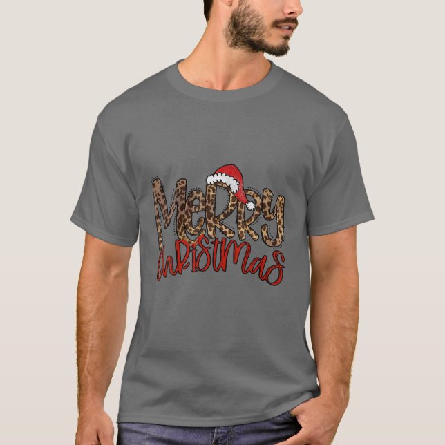 Retro Leopard Merry Christmas Santa Hat Funny Xmas T-Shirt (Front)