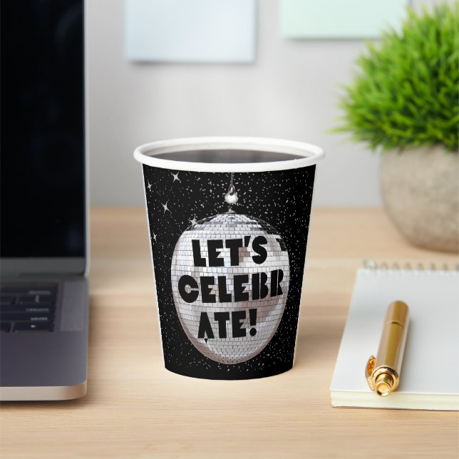 Retro Let's Celebrate Birthday Disco Ball Black Paper Cups (Insitu)