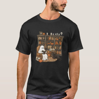Retro Librarian Bookshelf Teacher Boujee Ghost Cat T-Shirt