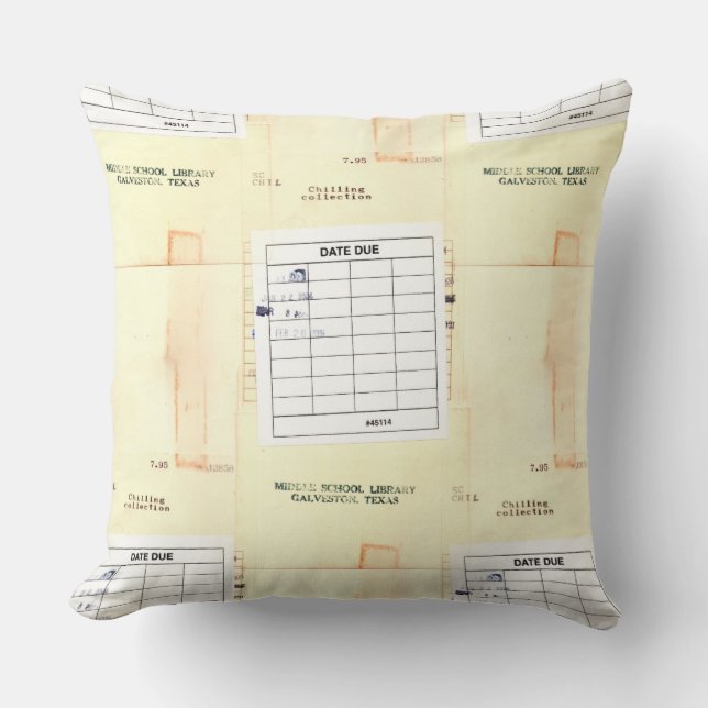 Retro Library Book Date Due Card Cushion (Front)