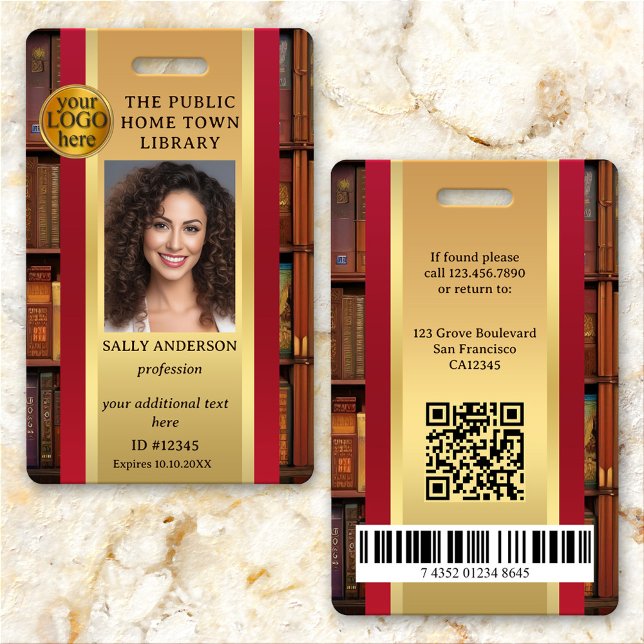 Retro Library Books Employee Photo ID Badge (Elegant retro library photo ID badge with space for your custom photo and logo)