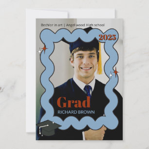 Retro Light blue squiggle wavy graduation invite 