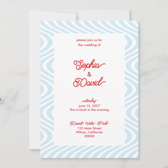 Retro Light Blue Wave Wedding Invitations (Front)