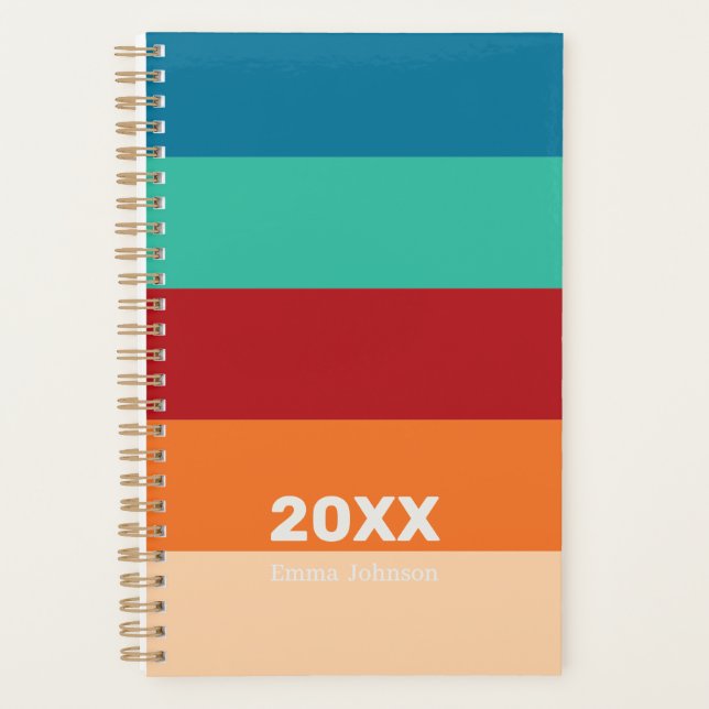 Retro Light Orange Pumpkin Blue Stripes Name Planner (Front)