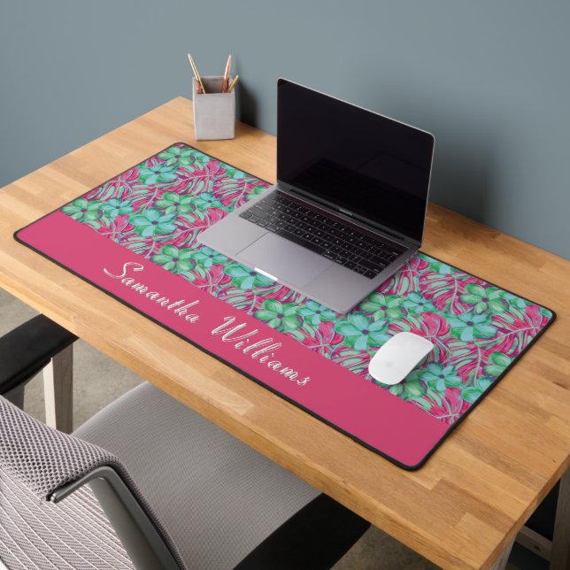Retro Light Pink and Green Florals Desk Mat (Office 2)