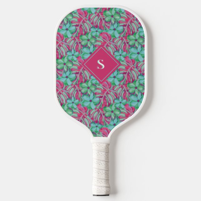 Retro Light Pink and Green Florals Pickleball Paddle (Front)