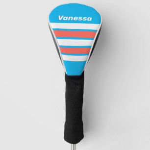 Retro Light Sky Blue Across Striping with Name Golf Head Cover