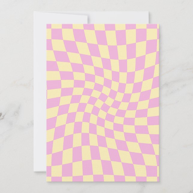 Retro Lilac Peach PInk Checks Warped Chequerboard Invitation (Front)