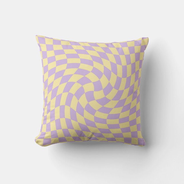 Retro Lilac Yellow Pastel Warped Chequerboard Cushion (Front)