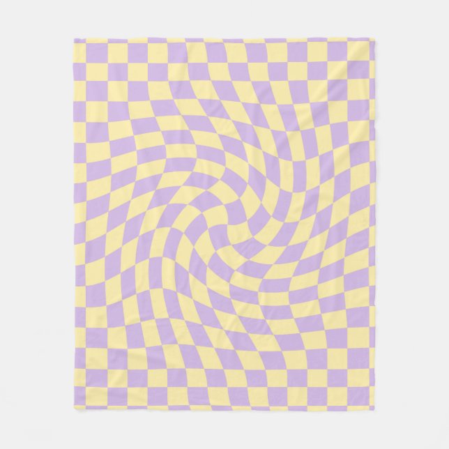 Retro Lilac Yellow Pastel Warped Chequerboard Fleece Blanket (Front)