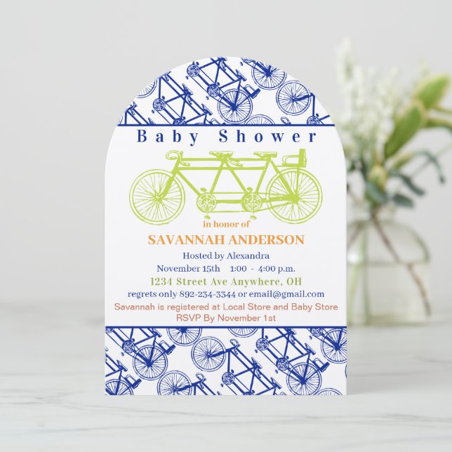Retro Lime Baby Makes Three Bicycle Baby Shower Invitation (Standing Front)