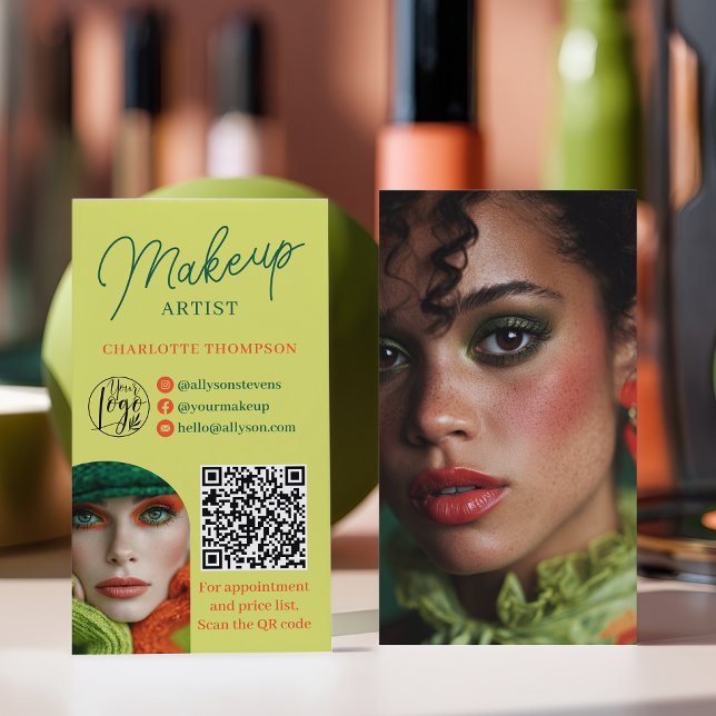 Retro Lime Coral Makeup Artist 2 Photos Qr Code Business Card (Retro Lime Coral Makeup Artist 2 Photos Qr Code Business Card)