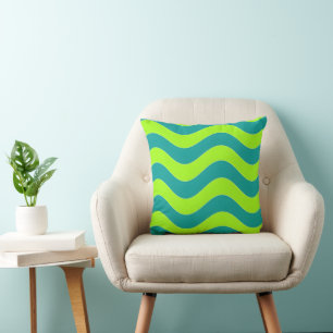 Retro Lime Green and Teal Wavy Psychedelic Pattern Cushion
