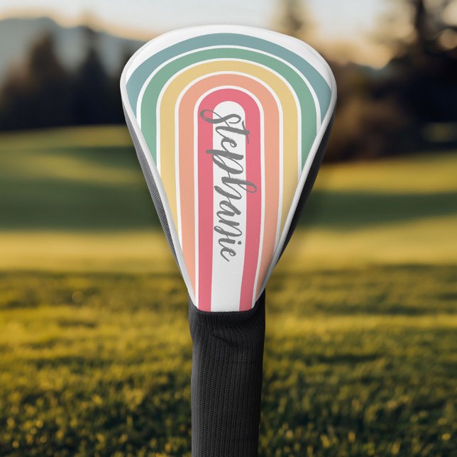 Retro Line Arch Pastel Rainbow Colours Script Name Golf Head Cover (Personalized Golf Head Cover)