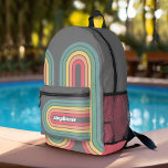 Retro Line Arch Pastel Rainbow Colours Script Name Printed Backpack<br><div class="desc">A funky line arch pattern with pastels - blue, green, yellow, orange and red. The retro design includes curves and lines in thick colours. Add your name or delete the text for a fun retro design. The name is a trendy script font in white. If you click on the customise...</div>