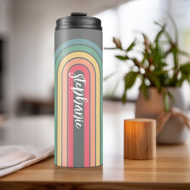 Retro Line Arch Pastel Rainbow Colours Script Name Thermal Tumbler (Personalized Thermal Tumbler - Add Photos, Text - Customize Completely in the Advanced Design Area)