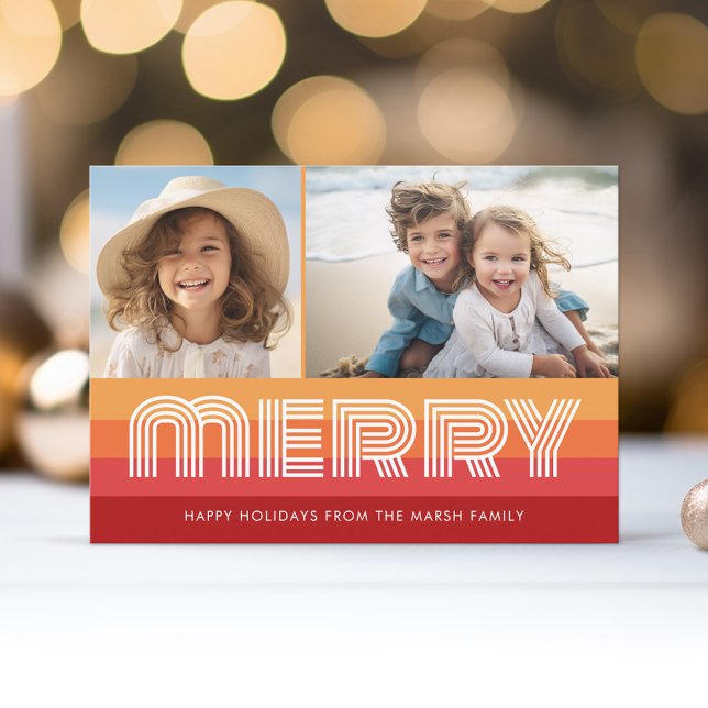 Retro Line Art Red Orange - Merry Photo - 70s Vibe Holiday Card (Retro Stripe Christmas Card with 2 Photos - Vibrant Reds - Print and Download Option)