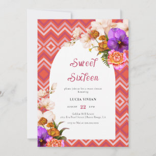 Retro Lines Floral Magenta Fuchsia Sweet Sixteen Invitation