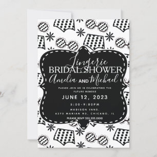 Retro Lingerie Floral Doodles Black Bridal Shower Invitation