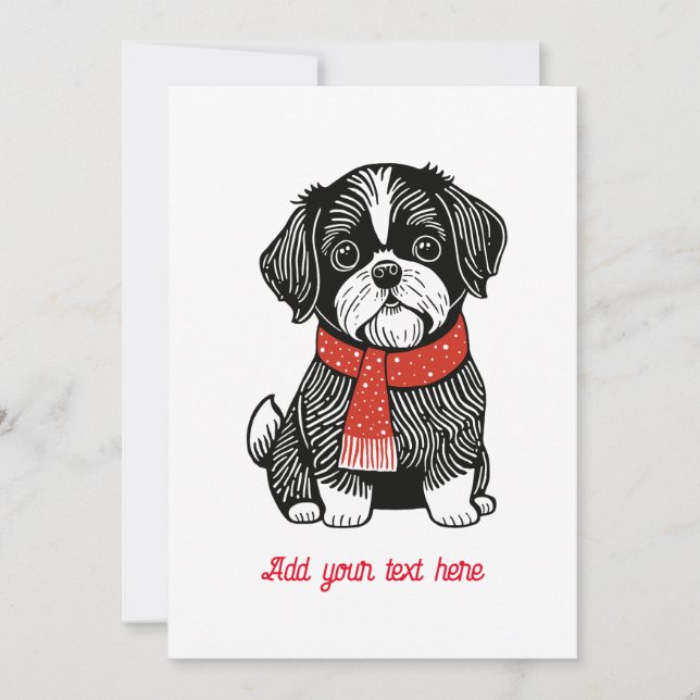 Retro Linocut Style Shih Tzu Christmas Card (Front)