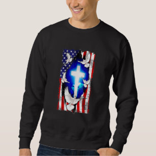 Retro Lion Cross Christian American Flag 4th Of Ju Sweatshirt
