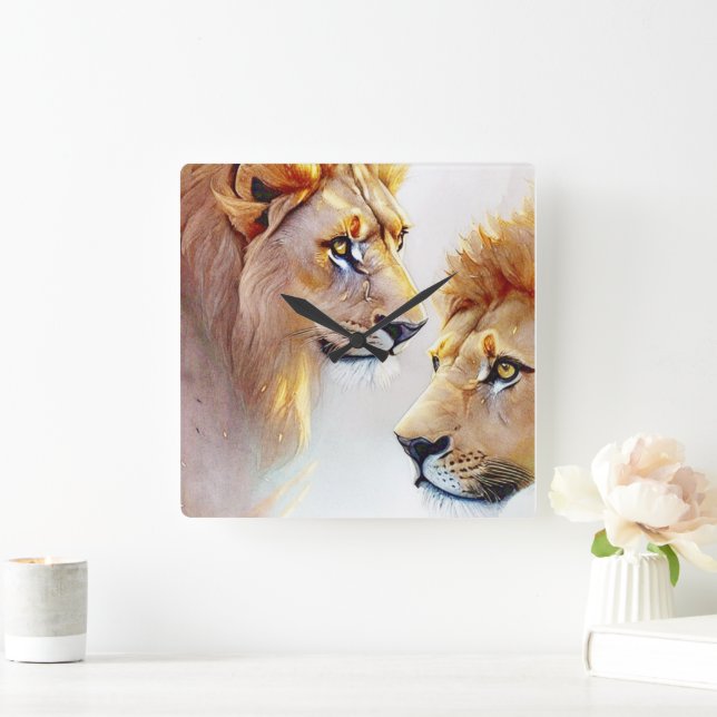 Retro Lions Art - Classic Wildlife Wall Art Square Wall Clock (Home)