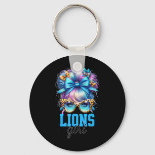 Retro Lions Girl Messy Bun Sports Fan Team Matchin Key Ring