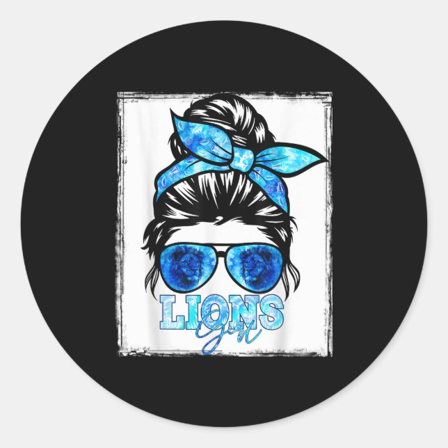 Retro Lions Girl Messy Bun Srts Team Matching Outf Classic Round Sticker (Front)