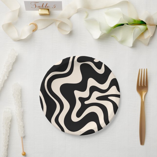 Retro Liquid Swirl Abstract Pattern Black Cream Paper Plate (Wedding)