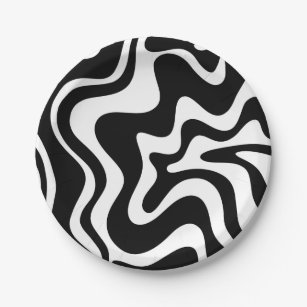 Retro Liquid Swirl Abstract Pattern Black & White Paper Plate