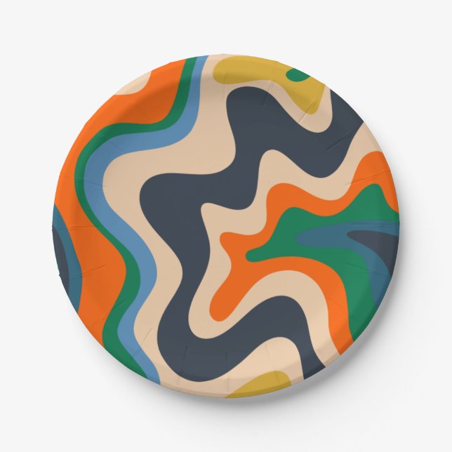 Retro Liquid Swirl Abstract Pattern Blue Orange Paper Plate (Front)