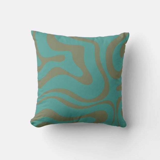Retro Liquid Swirl Abstract Pattern Olive Teal Cushion (Front)