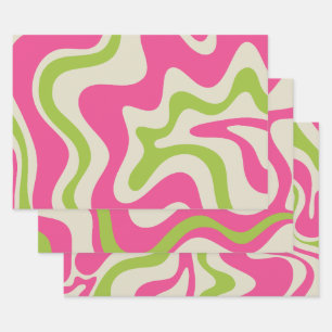 Retro Liquid Swirl Abstract Pattern Raspberry Lime Wrapping Paper Sheet