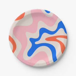 Retro Liquid Swirl Abstract Pink Orange Blue Paper Plate