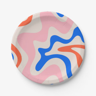 Retro Liquid Swirl Abstract Pink Orange Blue Paper Plate