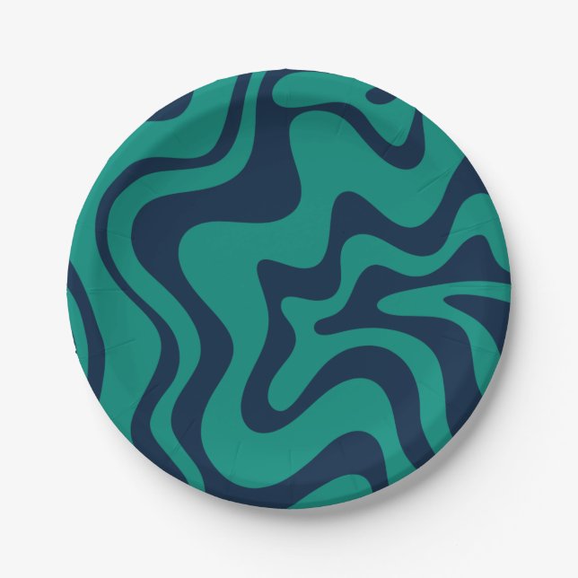 Retro Liquid Swirl Groovy Abstract Blue and Teal  Paper Plate (Front)