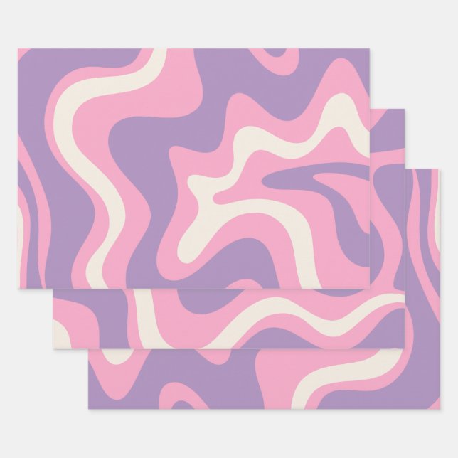 Retro Liquid Swirl Groovy Abstract Purple Pink Wrapping Paper Sheet (Set)